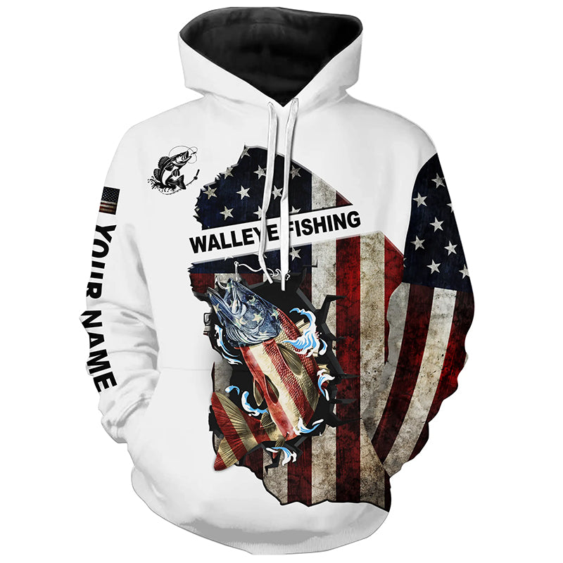 American flag Walleye fishing patriotic fishing Customize name 3D All Over Printed fishing hoodie NPQ405
