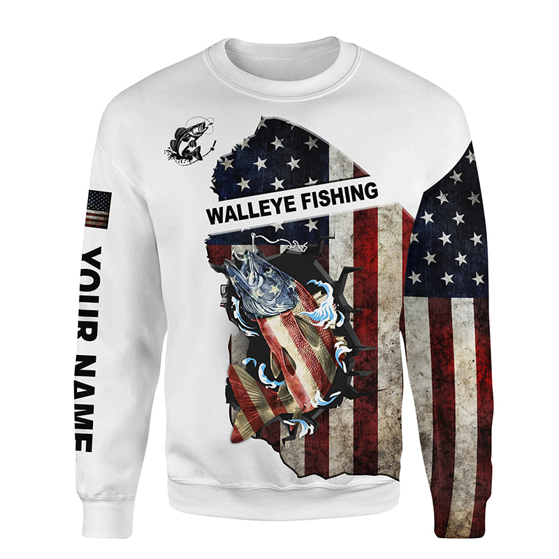 American flag Walleye fishing patriotic fishing Customize name All-over Print Crew Neck Sweatshirt NPQ405