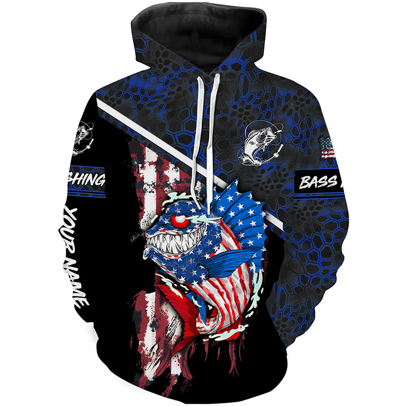 American Flag angry Bass fishing blue camo Custom fishing tournament Hoodie NPQ570