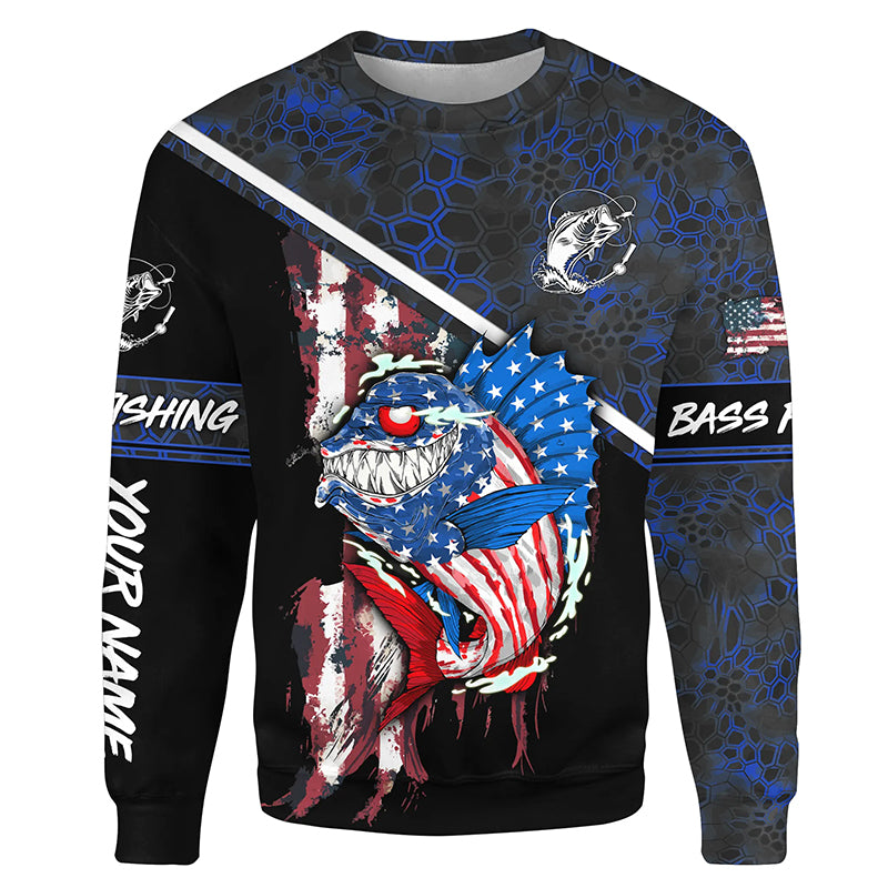 American Flag angry Bass fishing blue camo Custom fishing tournament Sweatshirt NPQ570