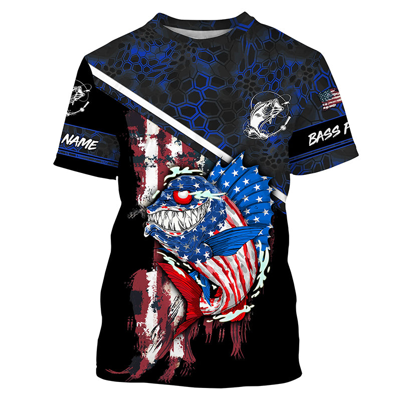 American Flag angry Bass fishing blue camo Custom fishing tournament Tshirt NPQ570