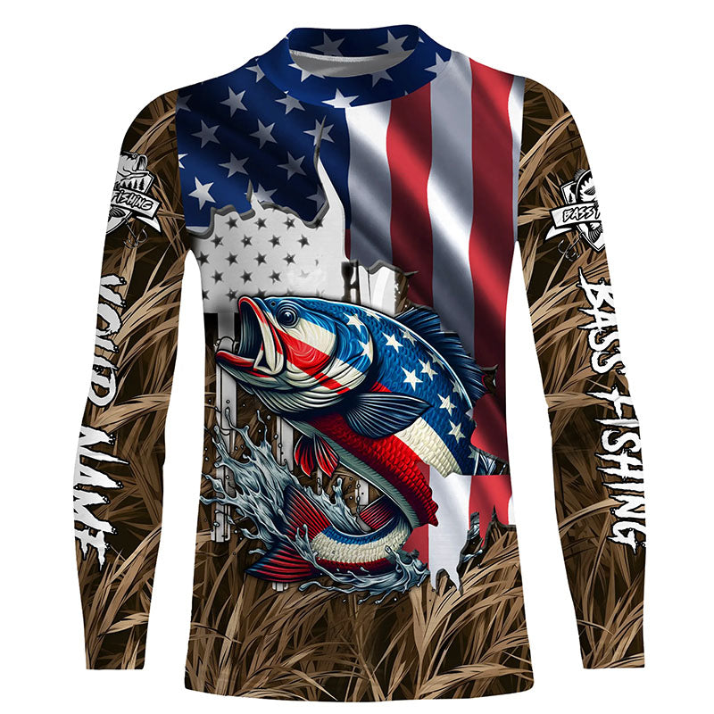 American flag patriotic Bass camo fishing Customize long sleeves fishing shirt for kid NPQ53