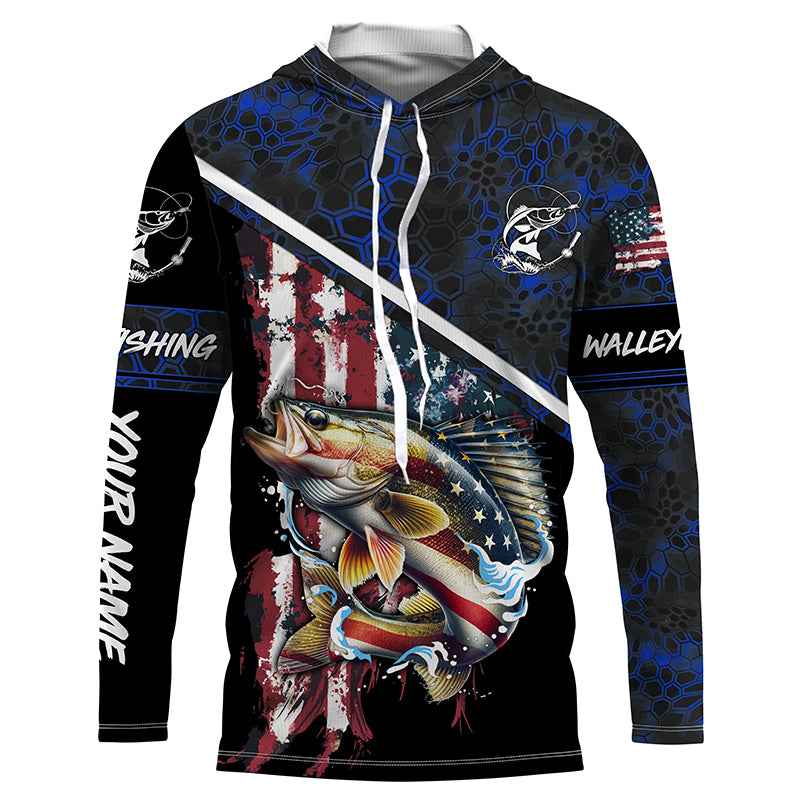 American Flag Walleye fishing blue camo Custom Long sleeve, Long Sleeve Hooded NPQ841