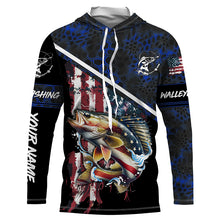 Load image into Gallery viewer, American Flag Walleye fishing blue camo Custom Long sleeve, Long Sleeve Hooded NPQ841
