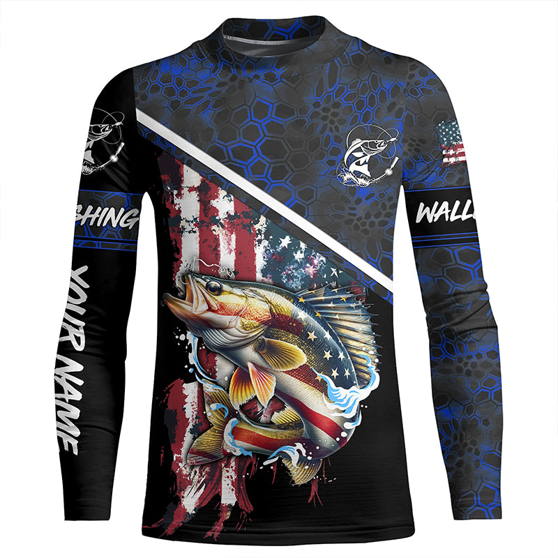 American Flag Walleye fishing blue camo Custom name fishing jerseys | Kid Long Sleeves NPQ841