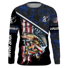 Load image into Gallery viewer, American Flag Walleye fishing blue camo Custom Long sleeve, Long Sleeve Hooded NPQ841
