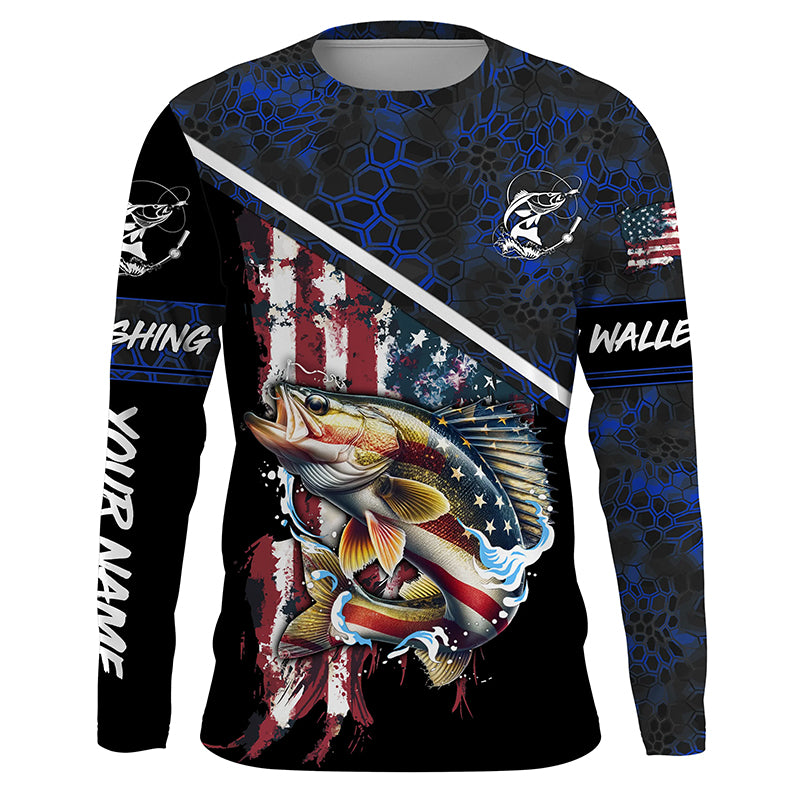 American Flag Walleye fishing blue camo Custom Long sleeve, Long Sleeve Hooded NPQ841