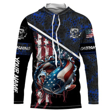 Load image into Gallery viewer, American Flag catfish fishing blue camo Custom name Long sleeve, Long Sleeve Hooded NPQ842
