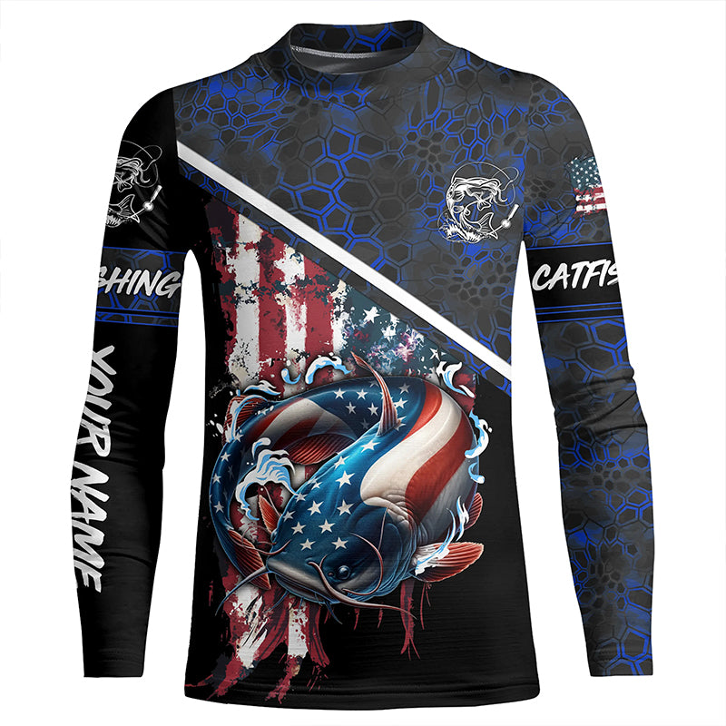 American Flag catfish fishing blue camo Custom name fishing jerseys | Kid Long Sleeves NPQ842
