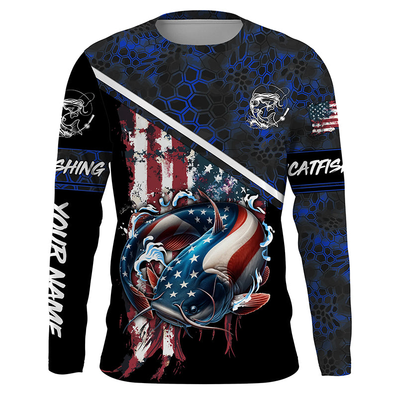 American Flag catfish fishing blue camo Custom name Long sleeve, Long Sleeve Hooded NPQ842