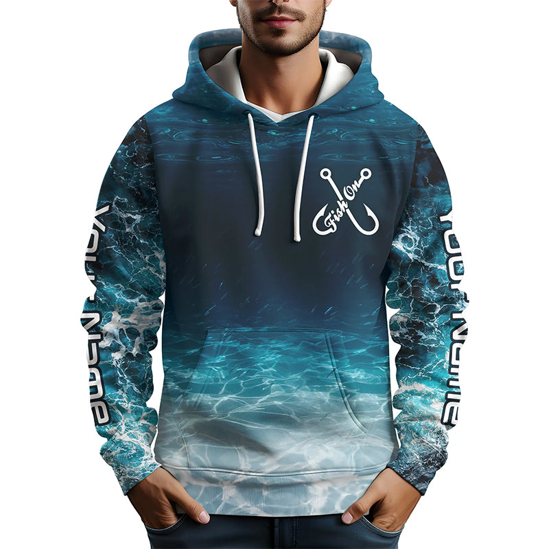 Fish on blue sea wave water camo Custom name fishing jerseys  | Hoodie - NPQ848