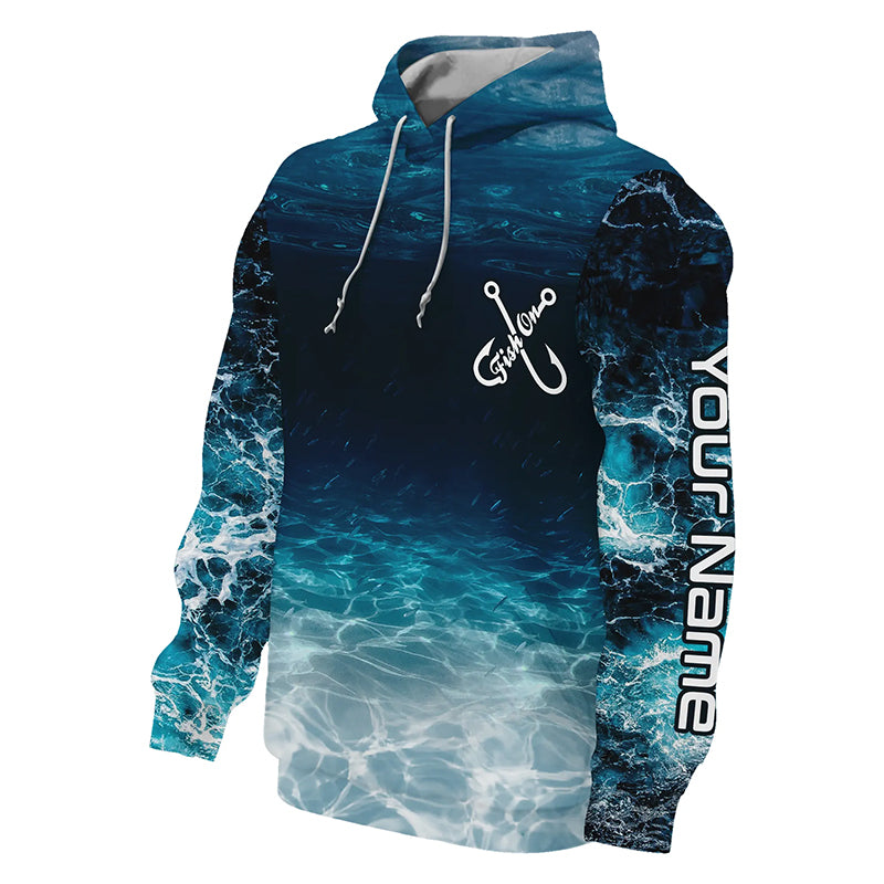 Fish on blue sea wave water camo Custom name fishing jerseys  | Hoodie - NPQ848