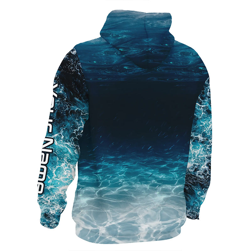 Fish on blue sea wave water camo Custom name fishing jerseys  | Hoodie - NPQ848