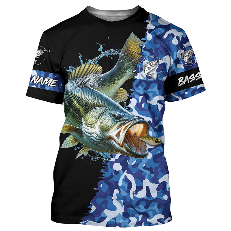 Custom blue camo Largemouth Bass Fishing Jerseys, personalized bass fishing tournament Fishing T-shirt NPQ312