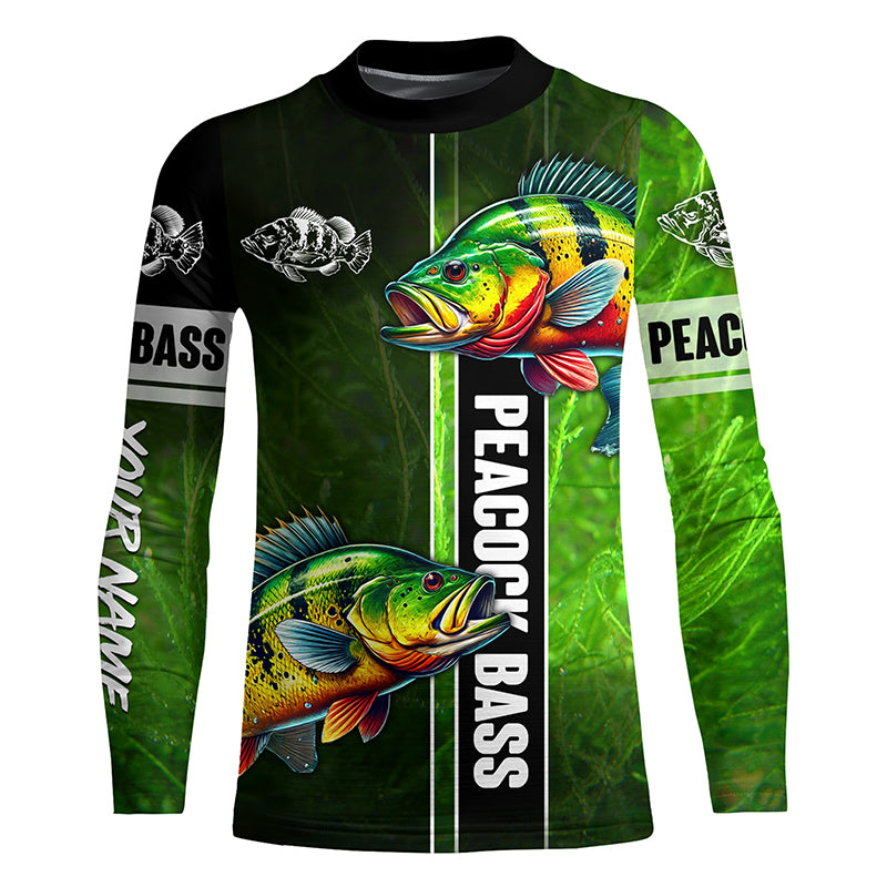 Peacock bass fishing green camo shirt Custom Kid Long Sleeve Fishing Shirts, fishing gifts NQS4804