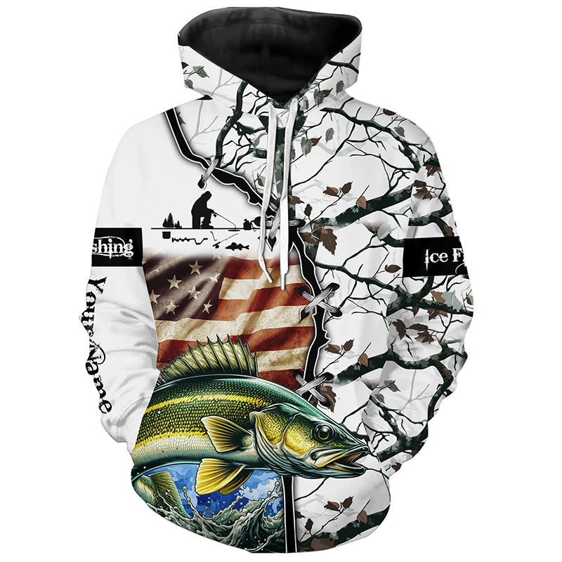 Walleye ice fishing snow camo American Flag Custom Name All Over printed Shirts | Hoodie - NPQ529