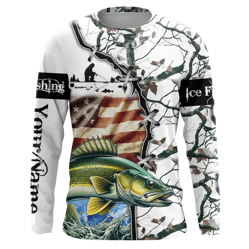 Walleye ice fishing snow camo American Flag Custom Name Long sleeve Fishing Shirts NPQ529