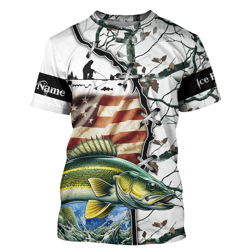 Walleye ice fishing snow camo American Flag Custom Name All Over printed Shirts | Tshirt - NPQ529