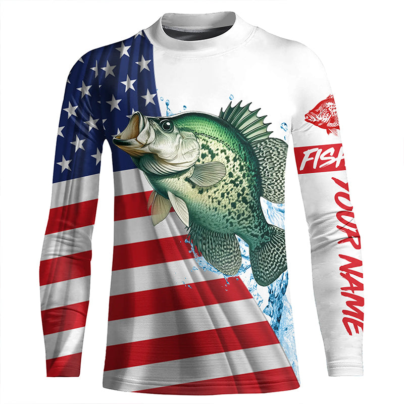 American flag patriotic crappie fishing Custom Name UV Protection Kid long sleeve Fishing Shirts NQS5368
