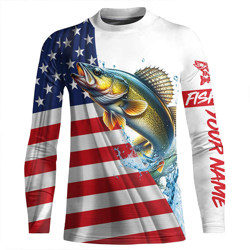 American flag patriotic Walleye fishing Custom UV Protection Kid long sleeve Fishing Shirts for men NQS5370