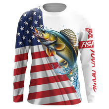 Load image into Gallery viewer, American flag patriotic Walleye fishing Custom Name UV Protection long sleeve Fishing Shirts for men NQS5370
