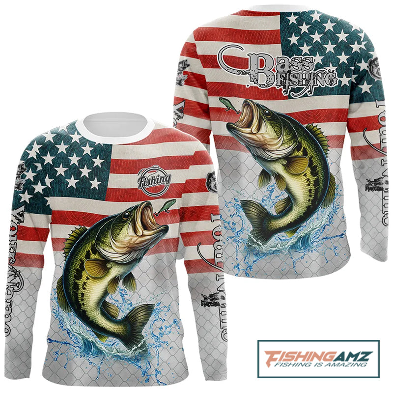 Custom Name American Flag Largemouth Bass Long Sleeve Fishing Shirt, patriotic Bass Fishing jersey NQS10981