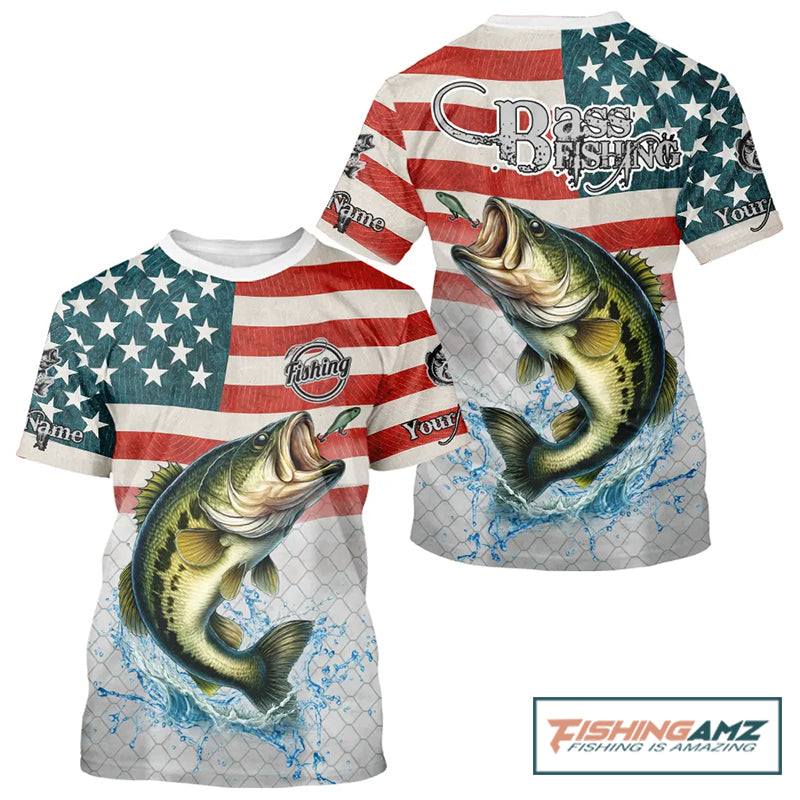 Custom Name American Flag Largemouth Bass Fishing T-shirts, patriotic Bass Fishing jersey NQS10981