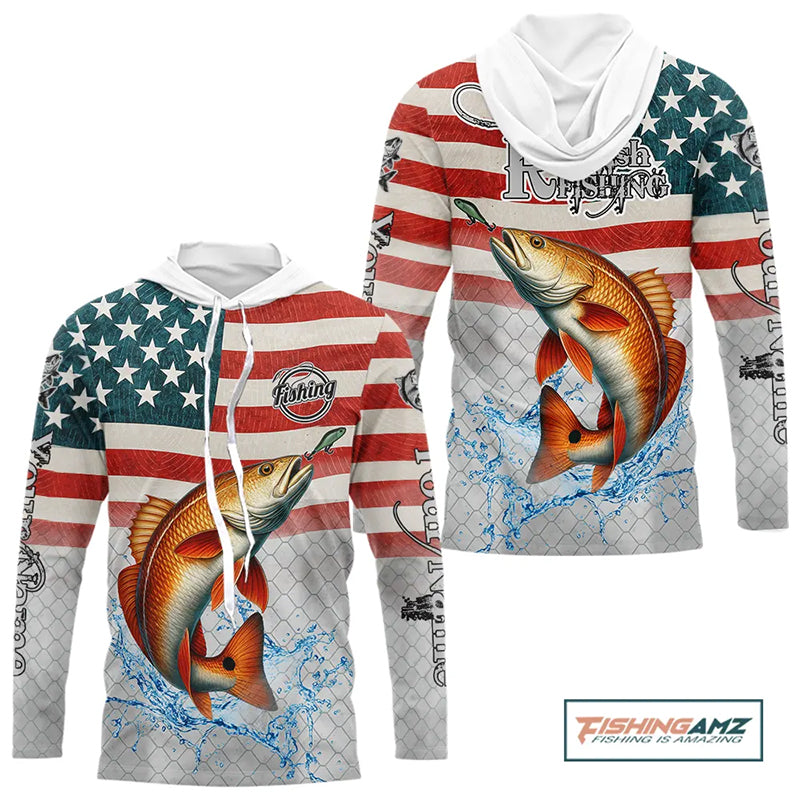 Custom Name American Flag Redfish Long Sleeve Fishing Shirt, patriotic Red Drum Fishing jersey NQS10982