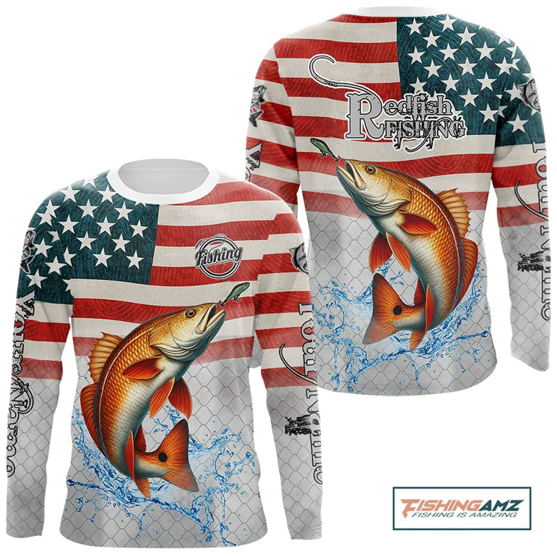 Custom Name American Flag Redfish Long Sleeve Fishing Shirt, patriotic Red Drum Fishing jersey NQS10982