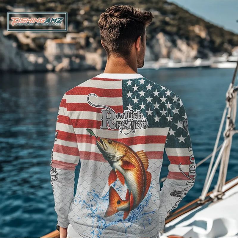 Custom Name American Flag Redfish Long Sleeve Fishing Shirt, patriotic Red Drum Fishing jersey NQS10982