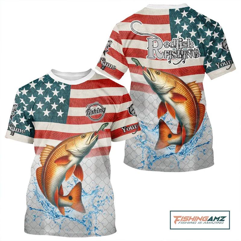 Custom Name American Flag Redfish Fishing T-shirts, patriotic Red Drum Fishing jersey NQS10982