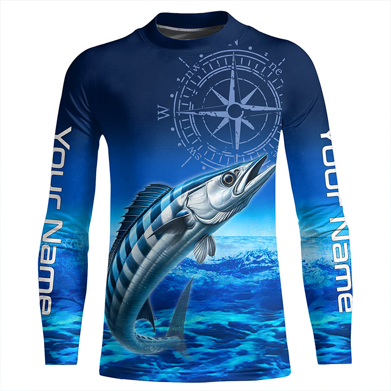 Personalized Wahoo Blue Kid Long Sleeve Performance Fishing Shirts, compass tournament UV protection Shirt NQS5850