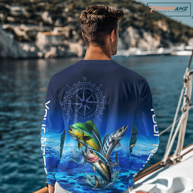 Personalized Mahi Mahi, Wahoo, Tuna Blue Performance Fishing Shirt, compass offshore tournament Shirts NQS5866