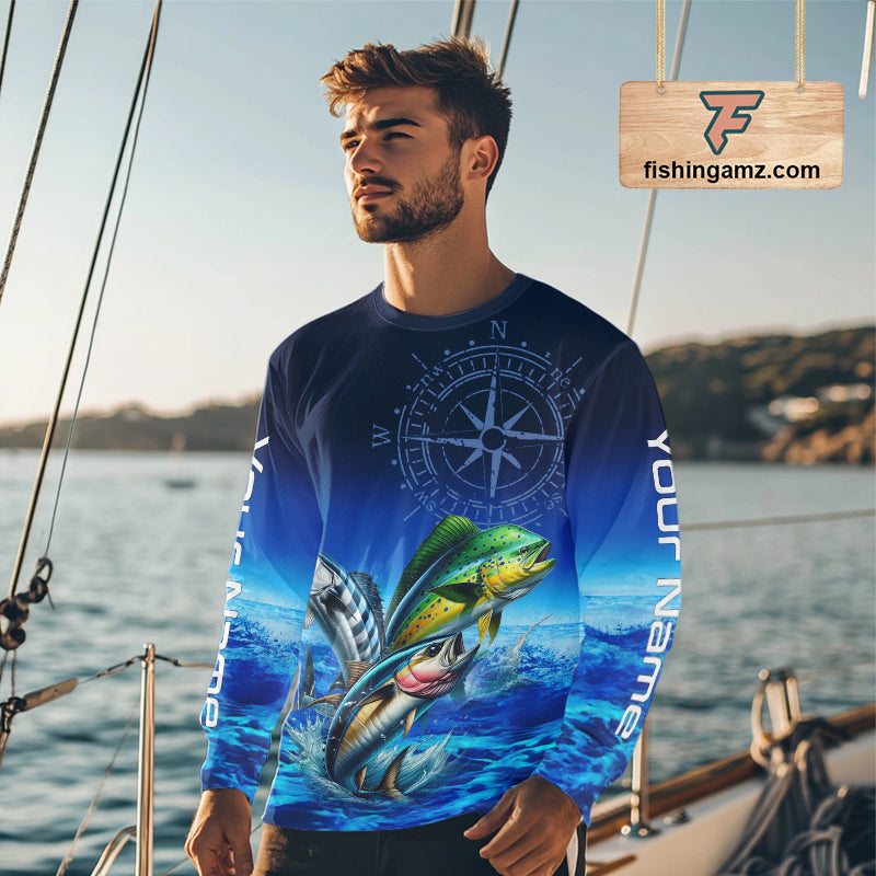 Personalized Mahi Mahi, Wahoo, Tuna Blue Performance Fishing Shirt, compass offshore tournament Shirts NQS5866