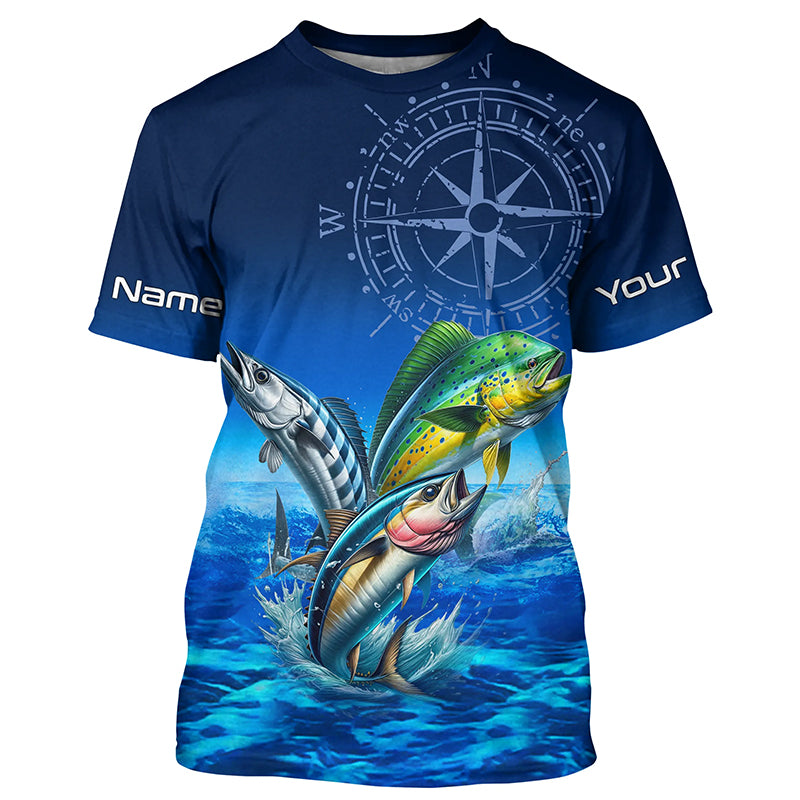 Personalized Mahi Mahi, Wahoo, Tuna Blue Performance Fishing Shirt, compass offshore tournament T-shirt NQS5866