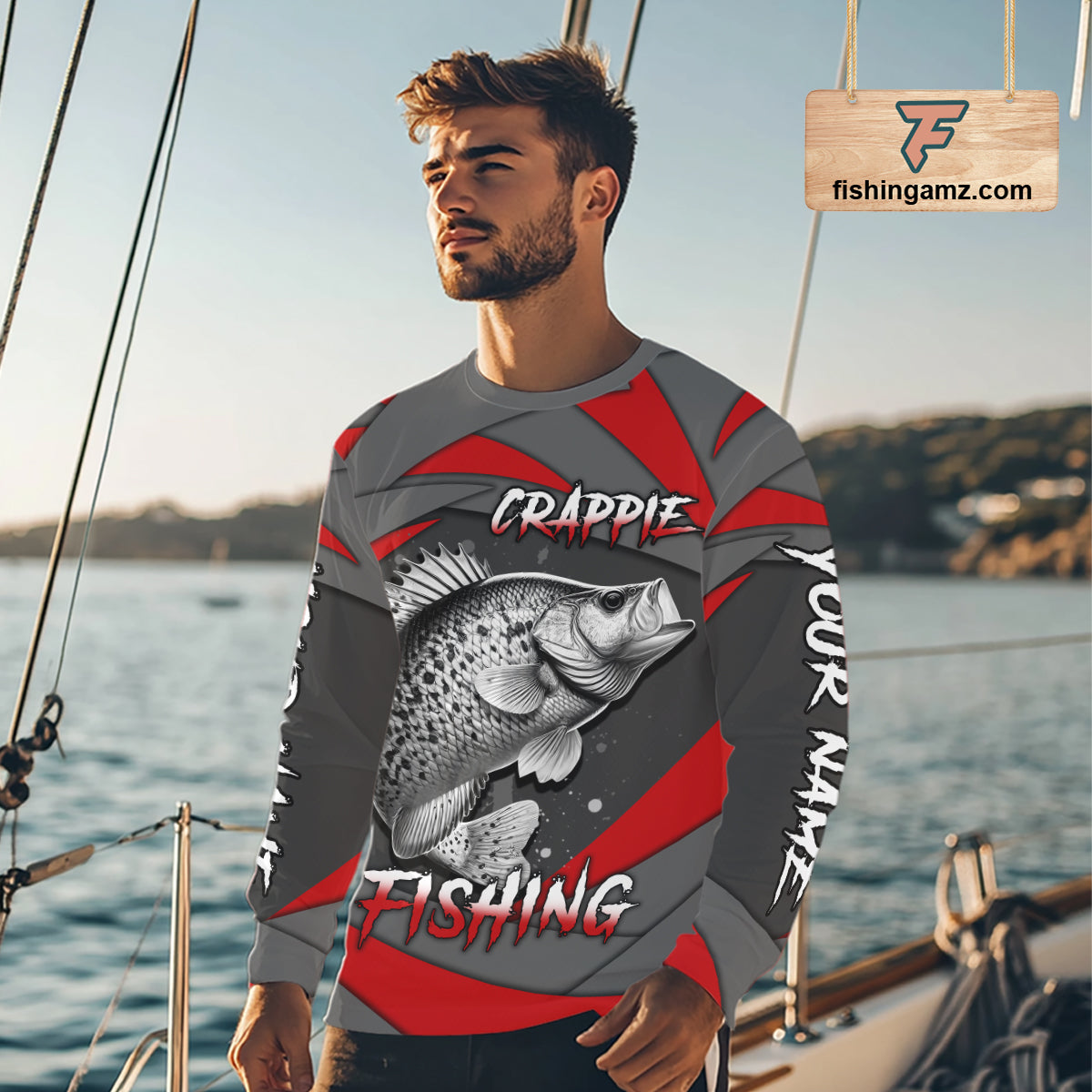 Gray and Red Crappie Fishing Jersey Custom Crappie Fishing Long Sleeve Shirt, fishing gifts NQS10898