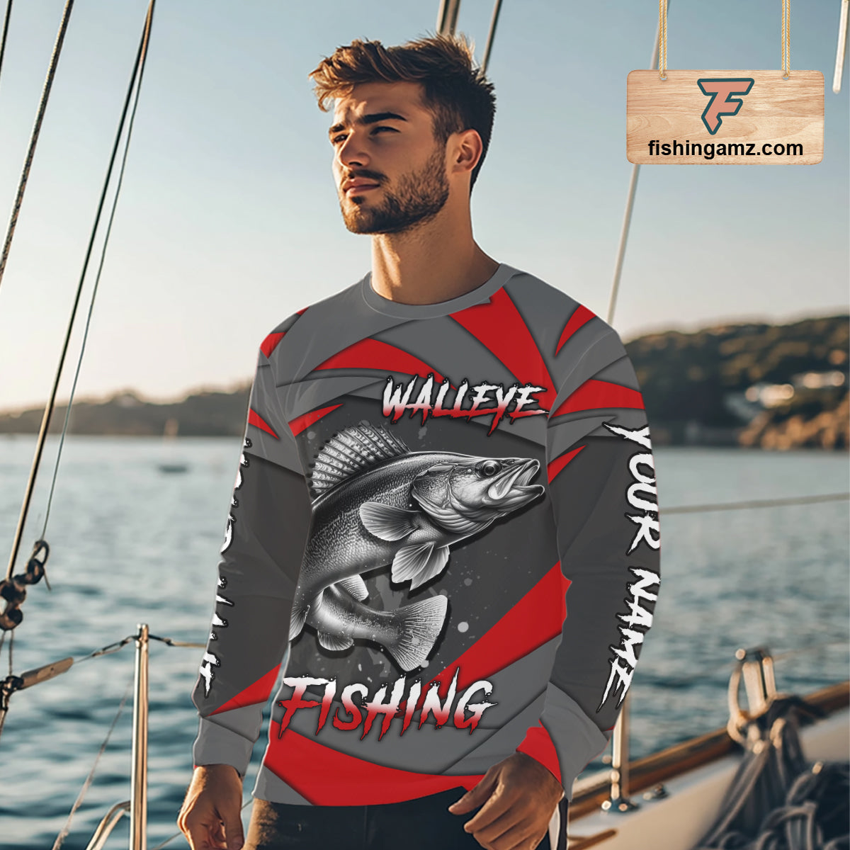 Gray and Red Walleye Fishing Jersey Custom Walleye Fishing Long Sleeve Shirt, fishing gifts NQS10899