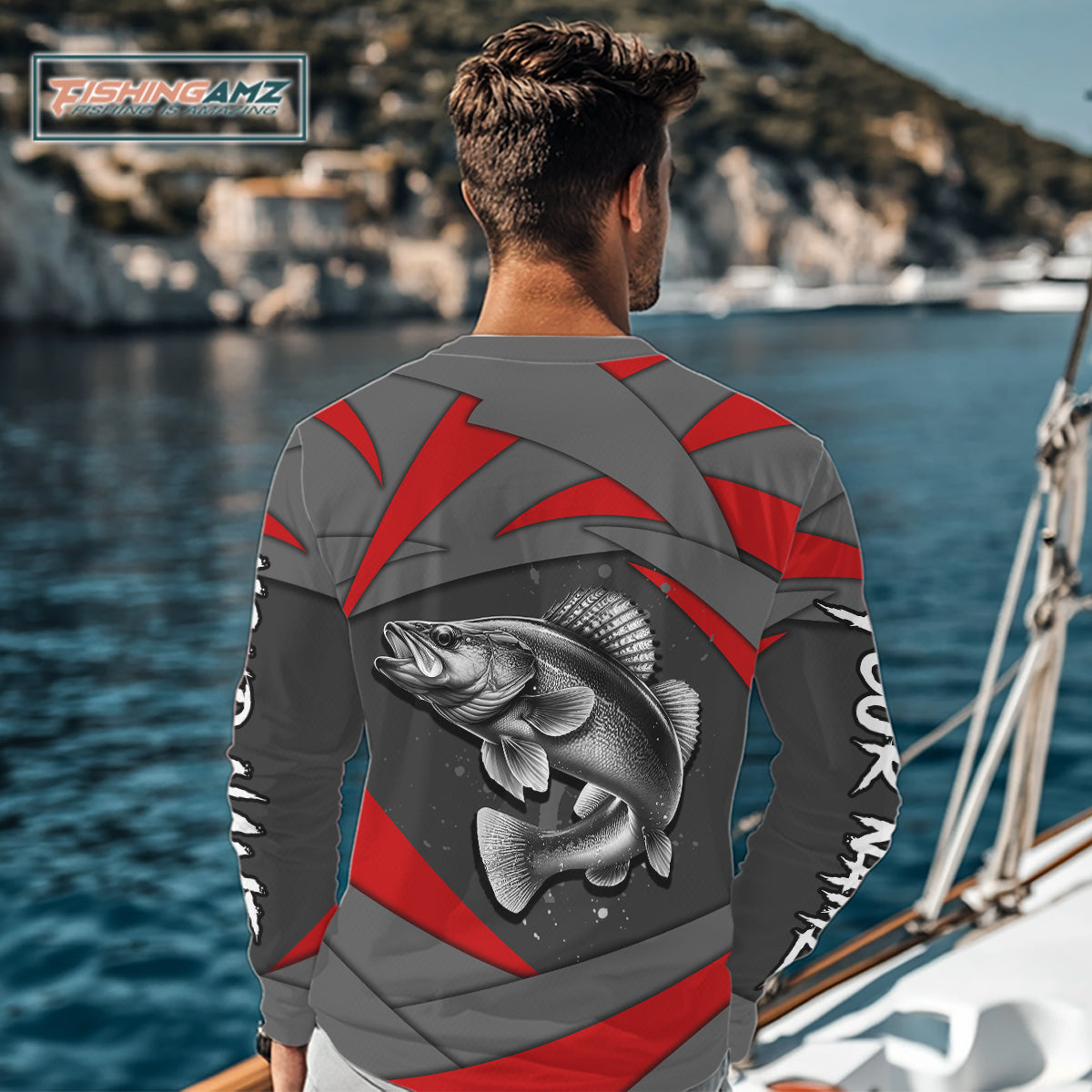 Gray and Red Walleye Fishing Jersey Custom Walleye Fishing Long Sleeve Shirt, fishing gifts NQS10899