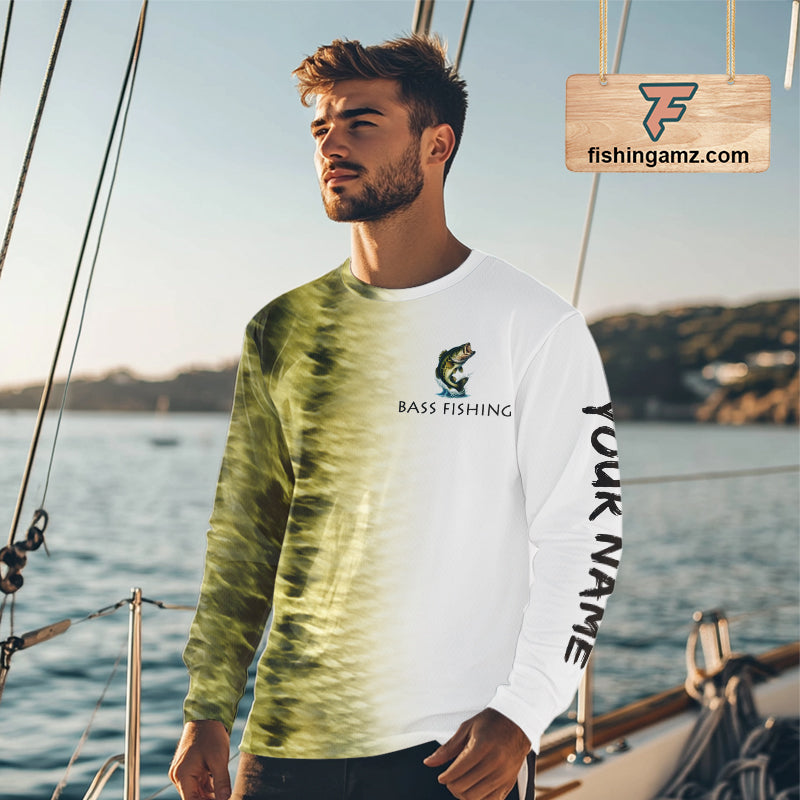 Personalized Green Scales Performance Bass Long Sleeve Fishing Shirts, Bass fishing tournament jersey NQS10238