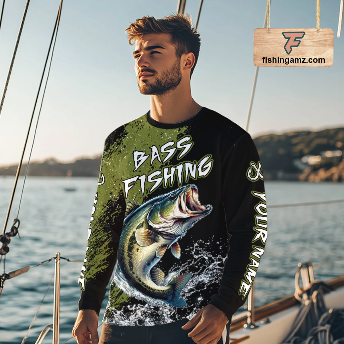Black and Green Largemouth Bass Long sleeve Fishing Jerseys Custom Bass performance fishing apparel NQS11068