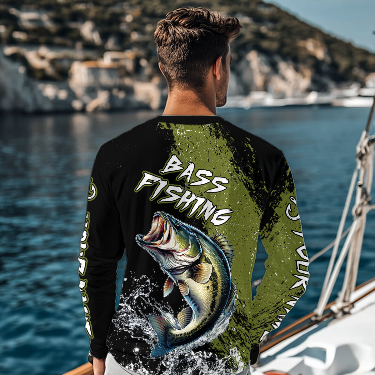Black and Green Largemouth Bass Long sleeve Fishing Jerseys Custom Bass performance fishing apparel NQS11068