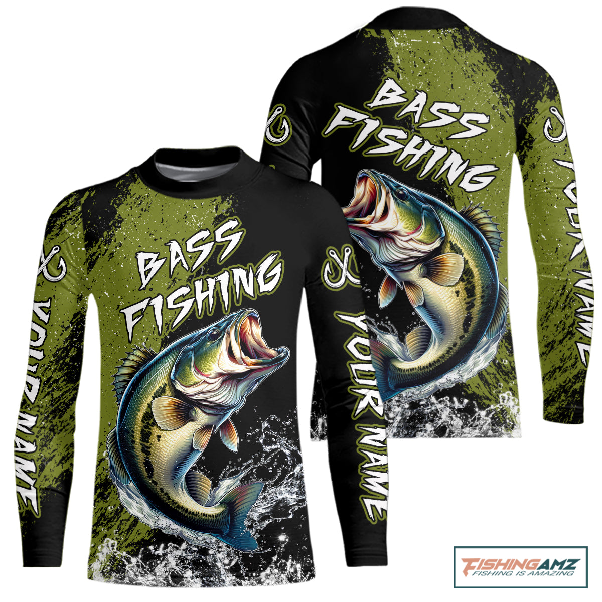 Black and Green Largemouth Bass Fishing Long Sleeve Shirt For Kid Custom Bass fishing apparel NQS11068