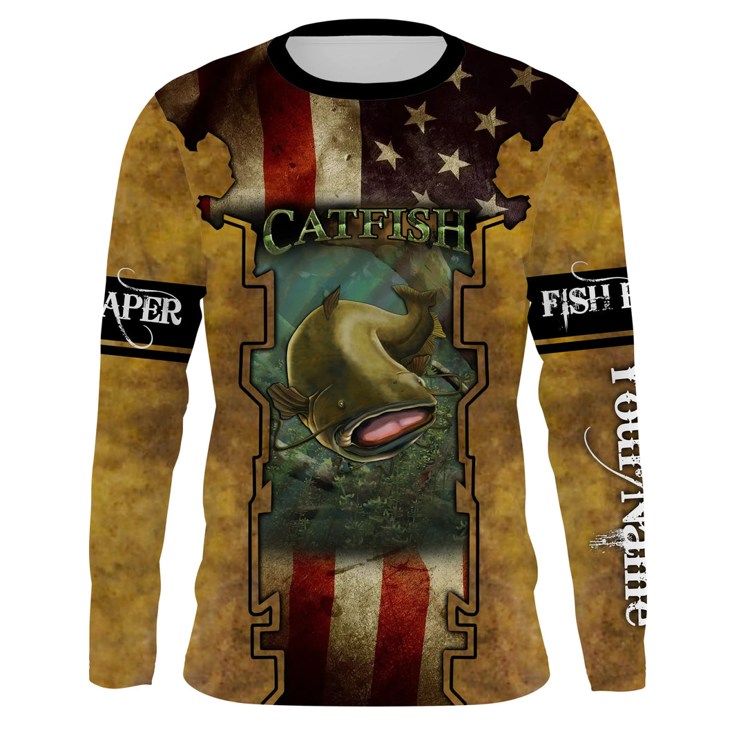 Mens Flathead Catfish Fishing American flag UV protection Long sleeves Shirt - Personalized Fishing Gifts SDF1