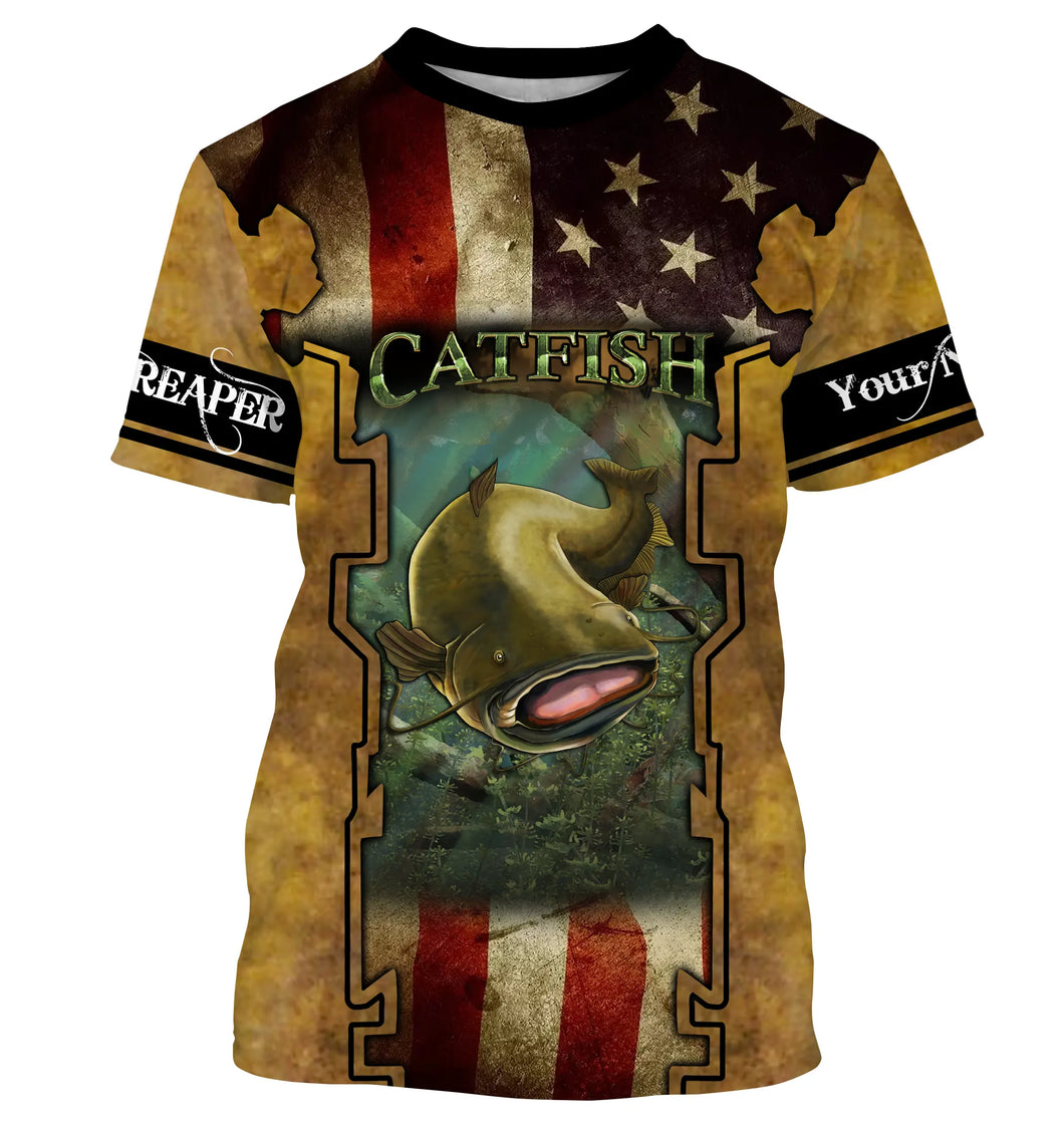 Mens Flathead Catfish Fishing American flag UV protection T-Shirt - Personalized Fishing Gifts SDF1