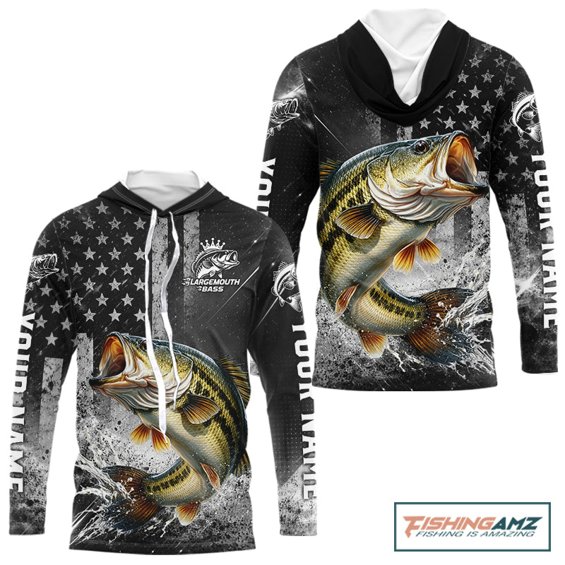 Gray Bass Custom Long Sleeve Fishing Shirts, Hooded American Flag Patriotic Bass Fishing Shirt NHT514