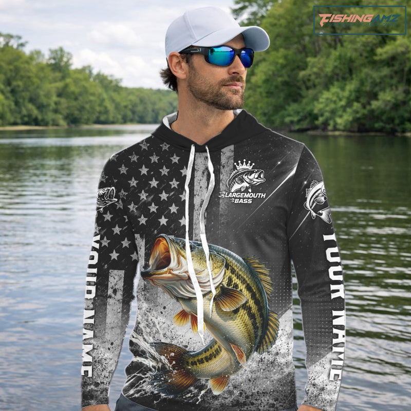 Gray Bass Custom Long Sleeve Fishing Shirts, Hooded American Flag Patriotic Bass Fishing Shirt NHT514