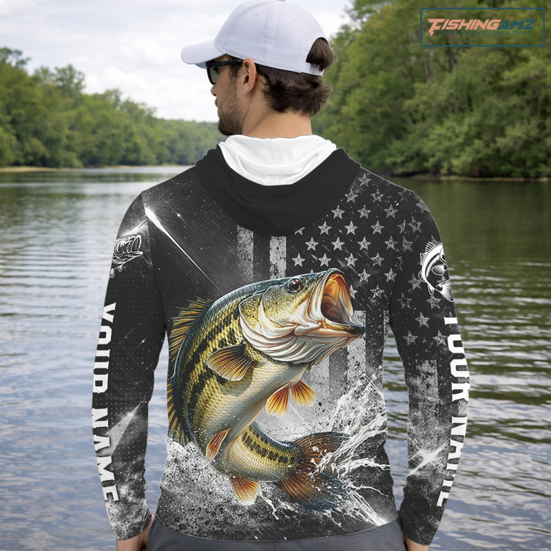 Gray Bass Custom Long Sleeve Fishing Shirts, Hooded American Flag Patriotic Bass Fishing Shirt NHT514