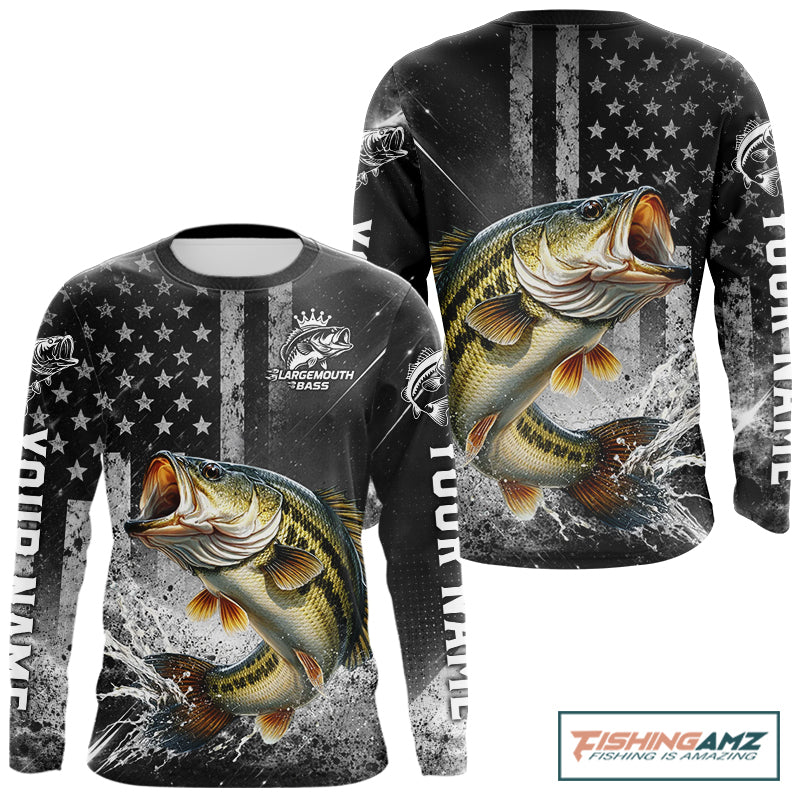 Gray Bass Custom Long Sleeve Fishing Shirts, American Flag Patriotic Bass Fishing Shirt NHT514