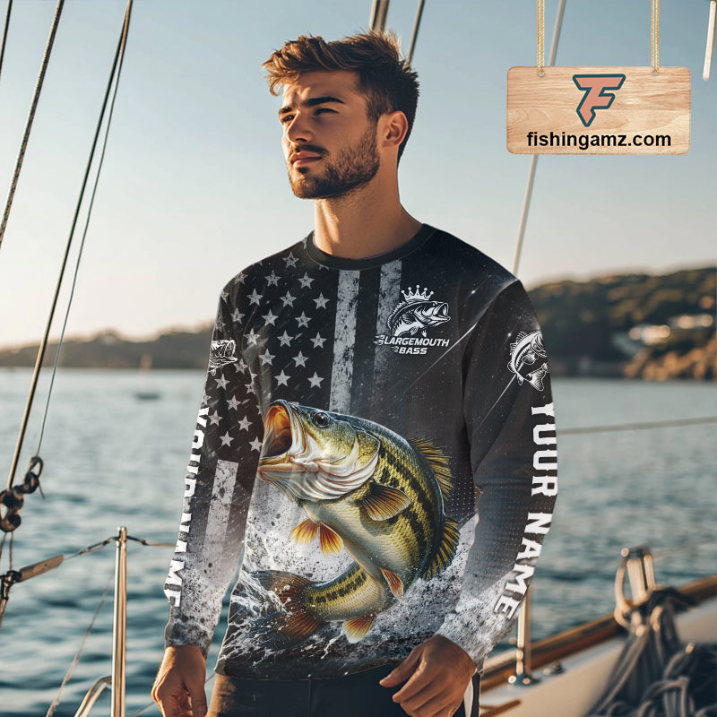 Gray Bass Custom Long Sleeve Fishing Shirts, American Flag Patriotic Bass Fishing Shirt NHT514