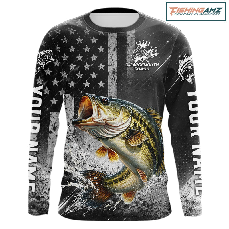 Gray Bass Custom Long Sleeve Fishing Shirts, American Flag Patriotic Bass Fishing Shirt NHT514